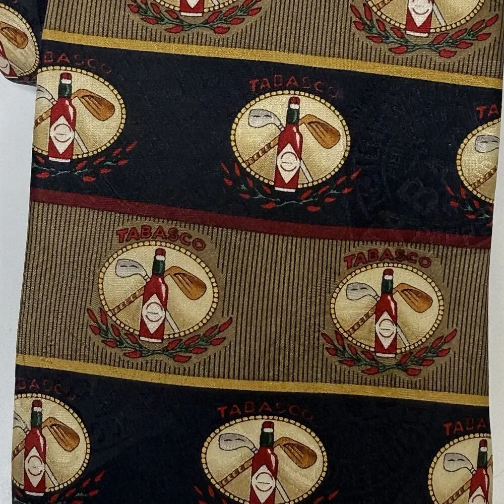 Tabasco Hot Sauce And Golf Club Theme Black Tan Red 100% Silk Neck Tie